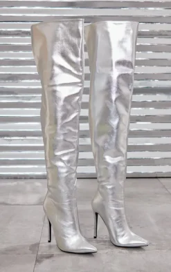 Silver Faux Leather Pointed High Heel Over The Knee Boots