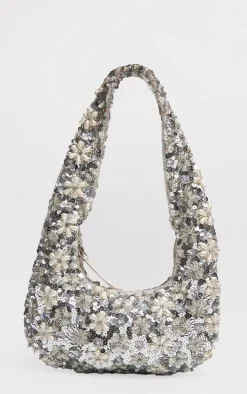 Silver Flower Sequin Handbag