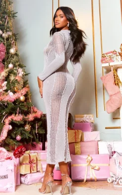 Silver Glitter Contrast Knit Asymmetric Maxi Dress