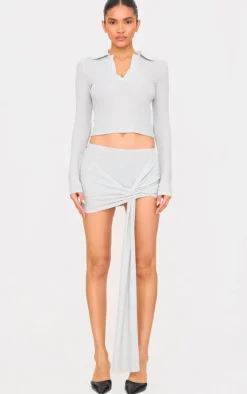 Silver Glitter Drape Front Mini Skirt