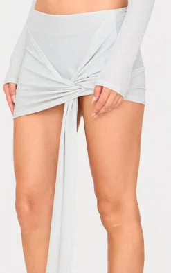 Silver Glitter Drape Front Mini Skirt