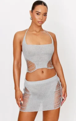 Silver Glitter Knit Distressed Ladder Halterneck Top