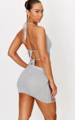 Silver Glitter Knit Distressed Ladder Halterneck Top
