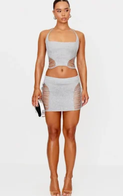 Silver Glitter Knit Distressed Ladder Halterneck Top