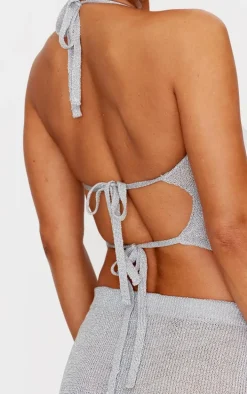 Silver Glitter Knit Distressed Ladder Halterneck Top