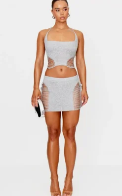 Silver Glitter Knit Distressed Ladder Mini Skirt