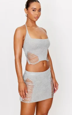 Silver Glitter Knit Distressed Ladder Mini Skirt