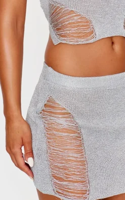 Silver Glitter Knit Distressed Ladder Mini Skirt