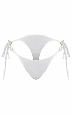 Silver Glitter Pearl Trim Tie Side Bikini Bottoms