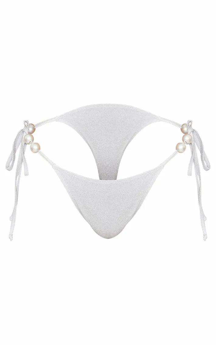 Silver Glitter Pearl Trim Tie Side Bikini Bottoms