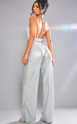 Silver Glitter Plisse Halterneck Cowl Cut Out Wide Leg Jumpsuit