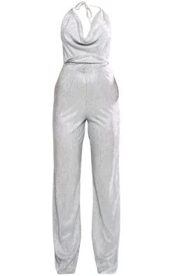 Silver Glitter Plisse Halterneck Cowl Cut Out Wide Leg Jumpsuit