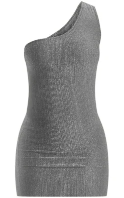 Silver Glitter Plisse One Shoulder Bodycon Dress