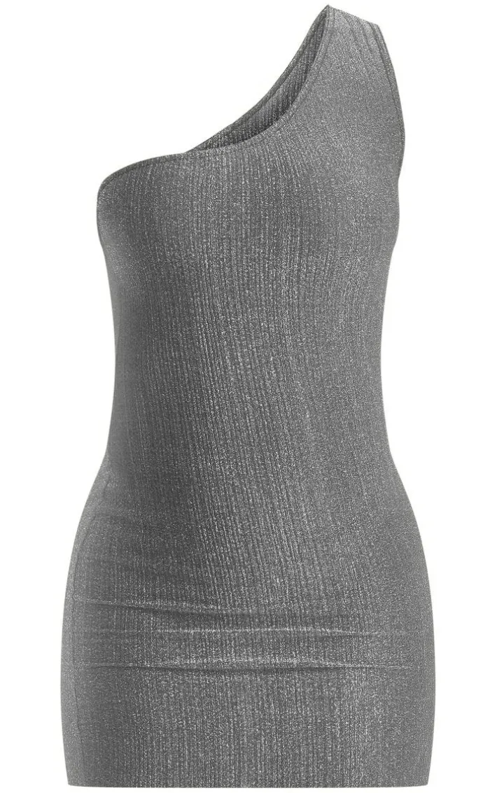Silver Glitter Plisse One Shoulder Bodycon Dress