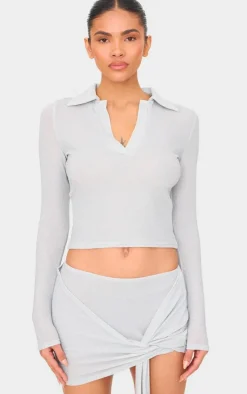 Silver Glitter Plunge Long Sleeve Top