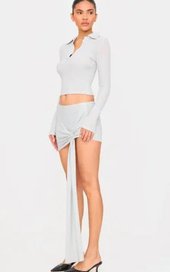 Silver Glitter Plunge Long Sleeve Top