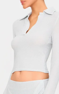Silver Glitter Plunge Long Sleeve Top