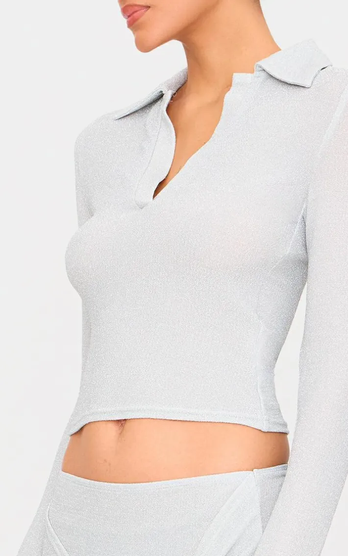 Silver Glitter Plunge Long Sleeve Top