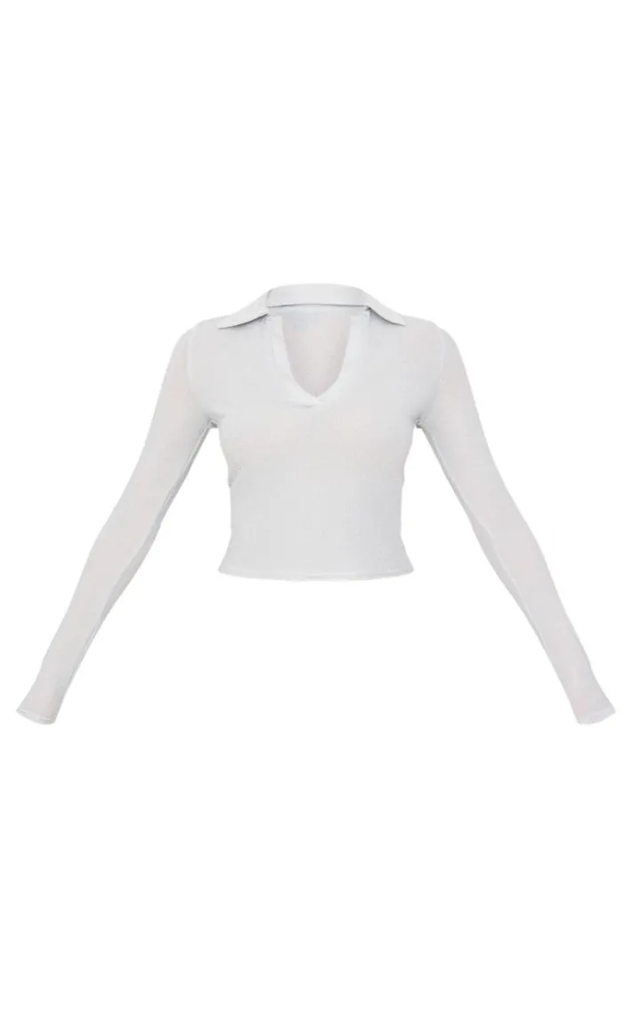 Silver Glitter Plunge Long Sleeve Top