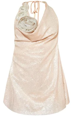 Silver Glitter Rose Applique Halterneck Bodycon Dress