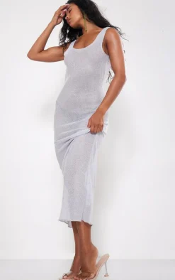 Silver Glitter Sheer Scoop Neck Maxi Dress