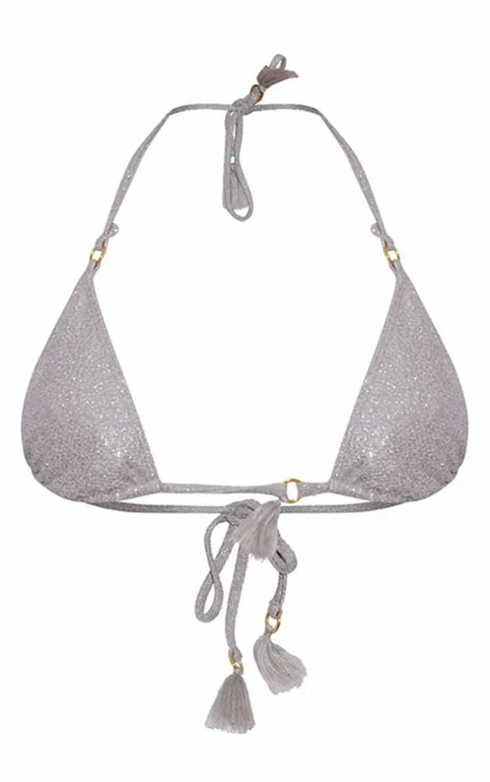 Silver Glitter Tassel Bikini Top