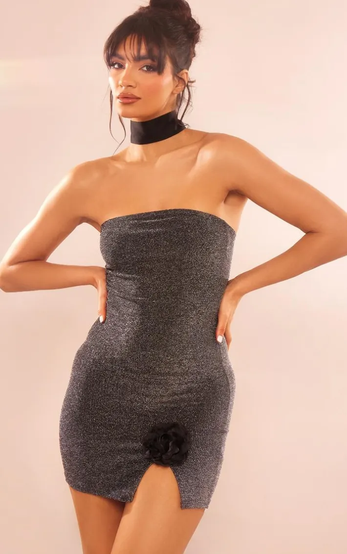 Silver Glitter Textured Bandeau Rose Applique Split Hem Bodycon Dress
