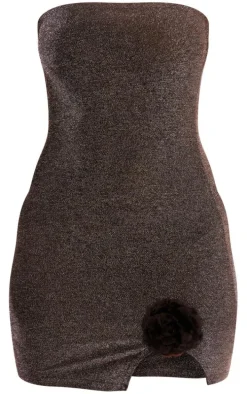 Silver Glitter Textured Bandeau Rose Applique Split Hem Bodycon Dress