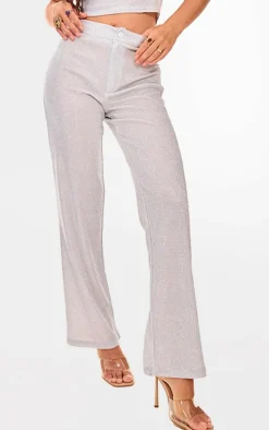 Silver Glitter Woven Wide Leg Pants