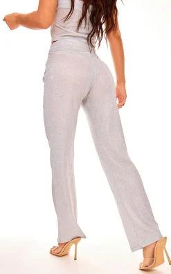 Silver Glitter Woven Wide Leg Pants