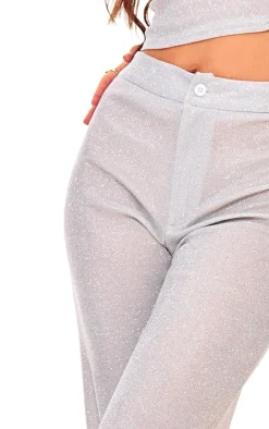 Silver Glitter Woven Wide Leg Pants