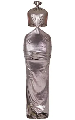 Silver Grey Metallic Slinky Halterneck Cut Out Ruched Maxi Dress