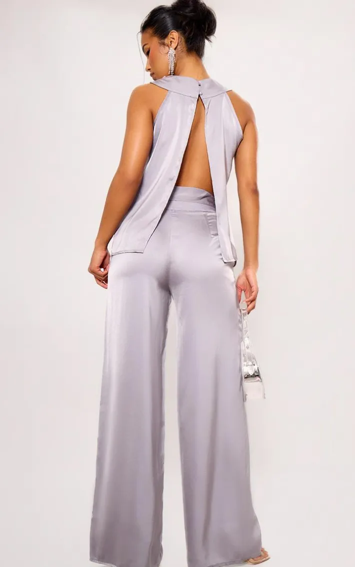 Silver Grey Satin Open Back Longline Top
