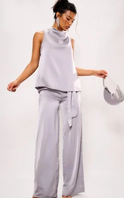 Silver Grey Satin Open Back Longline Top