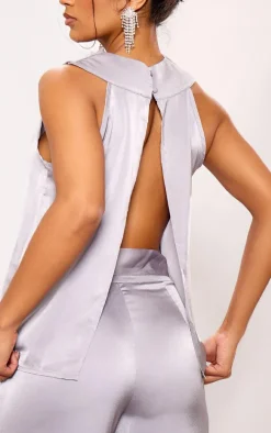 Silver Grey Satin Open Back Longline Top