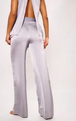 Silver Grey Satin Tailored Belted Wide Leg Pants