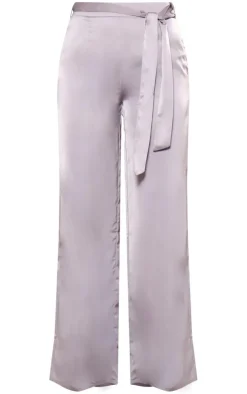 Silver Grey Satin Tailored Belted Wide Leg Pants