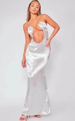 Silver Hammered Satin Cut Out Halterneck Maxi Dress