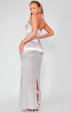 Silver Hammered Satin Cut Out Halterneck Maxi Dress