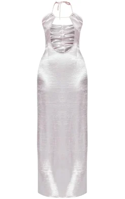 Silver Hammered Satin Cut Out Halterneck Maxi Dress