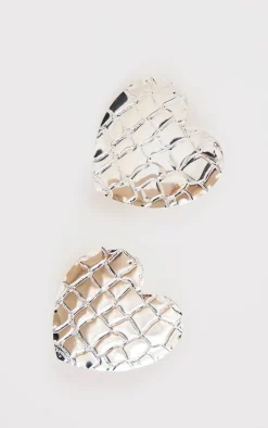 Silver Heart Croc Embossed Statement Earrings