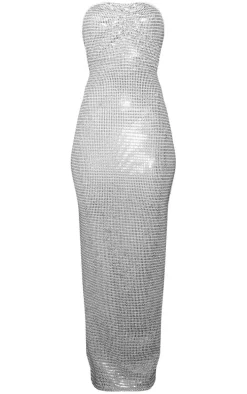 Silver Iridescent Glitter Slinky Bandeau Midaxi Dress