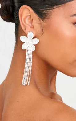 Silver Jewel Flower Statement Tassel Earrings