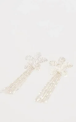 Silver Jewel Flower Statement Tassel Earrings
