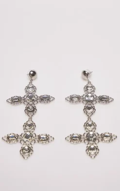 Silver Large Cross Jewel Statement Earrings