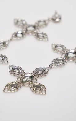 Silver Large Cross Jewel Statement Earrings