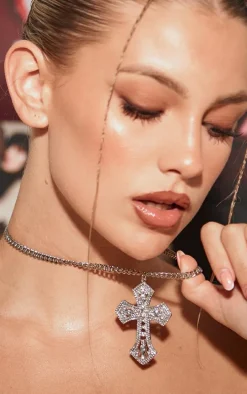 Silver Large Diamante Cross Necklace