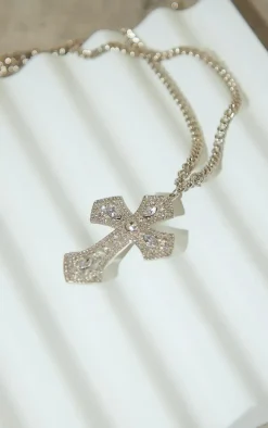 Silver Large Diamante Cross Necklace