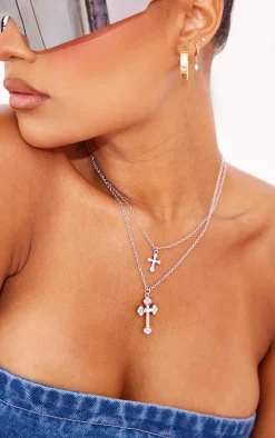 Silver Layered Chain Jeweled Cross Necklace