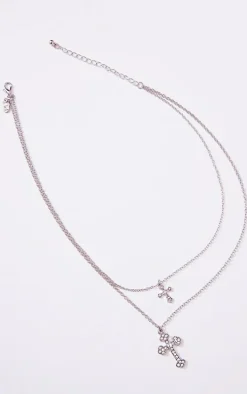 Silver Layered Chain Jeweled Cross Necklace
